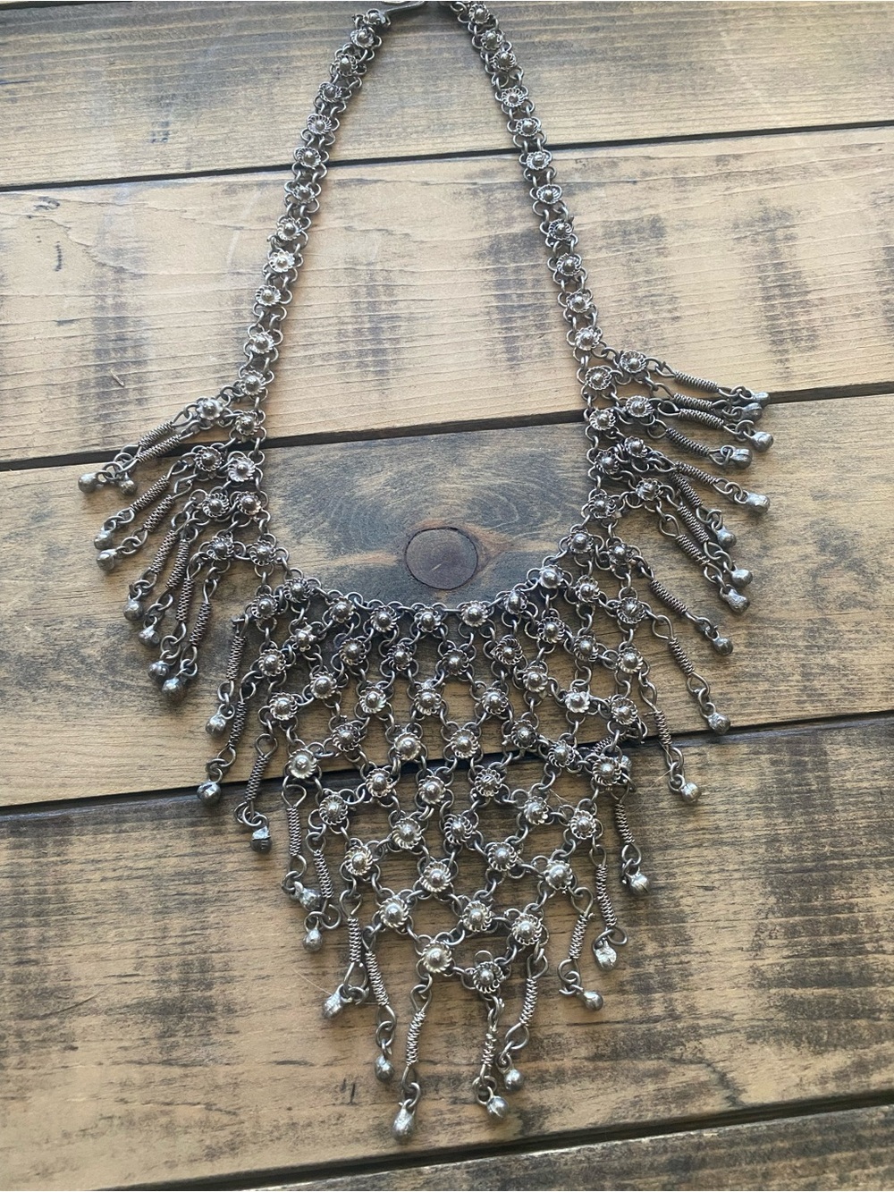 Vtg Tribal Bib Necklace ~ Silver Tone ~ Afghan Kuchi Style Statement Fringe Boho